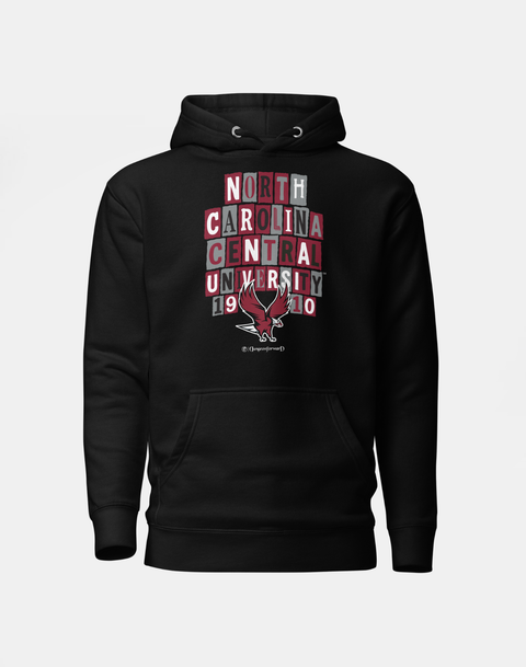 Dungeon Forward - North Carolina Central University - Collage Hoodie with bold block lettering and eagle graphic embodying Crowns For The Culture.
