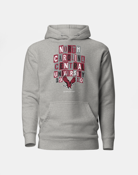 Dungeon Forward - North Carolina Central University - Collage Hoodie with bold school name blocks and eagle graphic in streetwear style