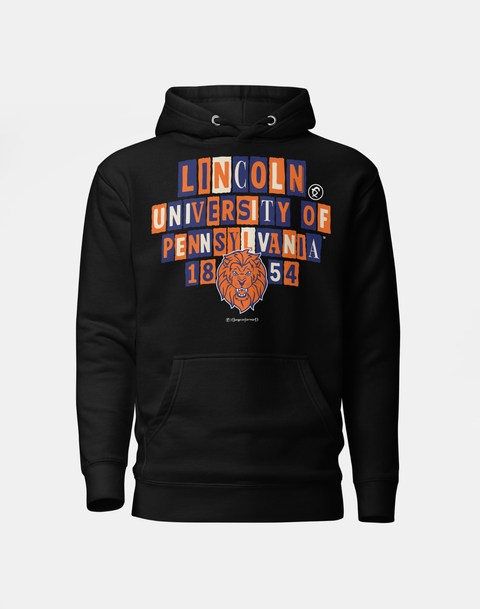 Black hoodie featuring bold orange and navy text with lion graphic and Dungeon Forward - Lincoln University Of Pennsylvania - Collage Hoodie design